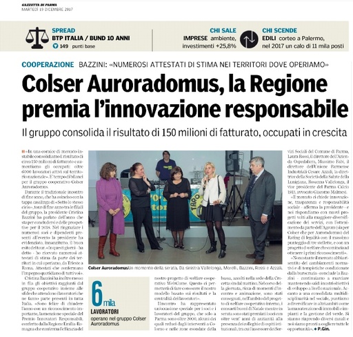 La Regione premia l'innovazione responsabile del Gruppo Colser-Auroradomus - da "La Gazzetta di Parma"